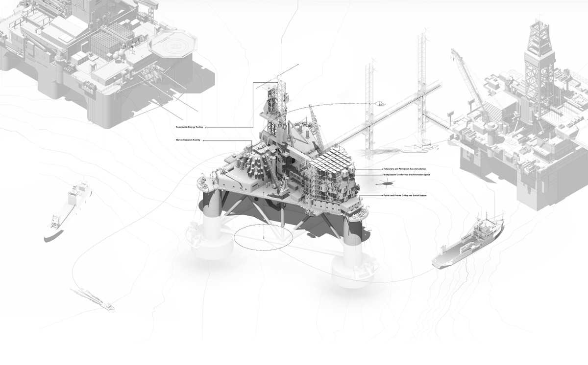 Digital artwork image from the Masters of Architecture Graduate Exhibition on A4’s top floor. A 3D model from Matthew Christopher Klose’s ‘The Adaptation and Occupation of Offshore Megastructures’ project that proposes potential future offshore habitats.
