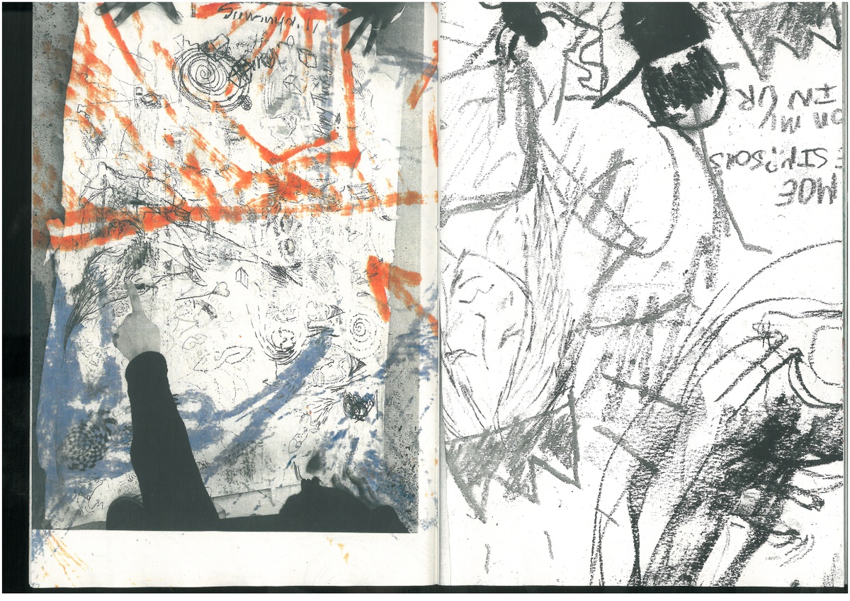 Scanned artwork detail from the ‘Early Friday Doodle Book 2018’ zine publication by students from the Michaelis School of Fine Art. Two pages feature a palimpsest of drawings in various mediums and a photographic fragment of a pointing hand.
