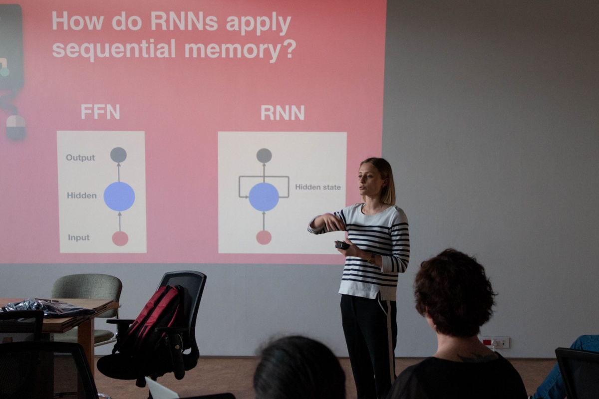 Process photograph from the ‘Data Science Intensive’ event with the AIMS Institute for Mathematical Sciences on A4’s top floor. At the back, a projection on the wall features diagrams labeled ‘FFN’ and ‘RNN’, and reads ‘How do RNNs apply sequential memory?’ At the front, an individual presenter gestures as they explain the problem.
