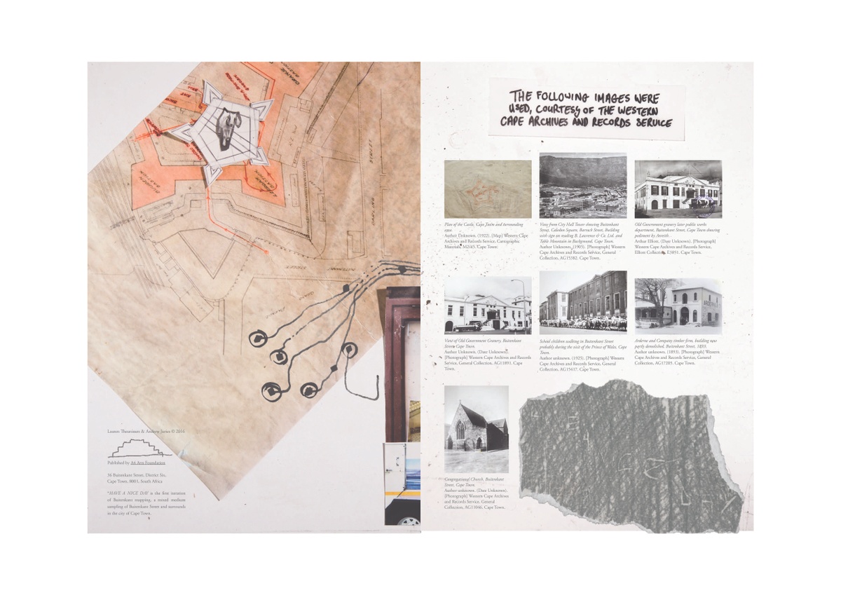 Detail from the ‘Have a Nice Day’ publication by Andrew Juries and Lauren Theunissen. The page features a collage of drawing fragments, as well as archival and everyday material from the District Six area in Cape Town.
