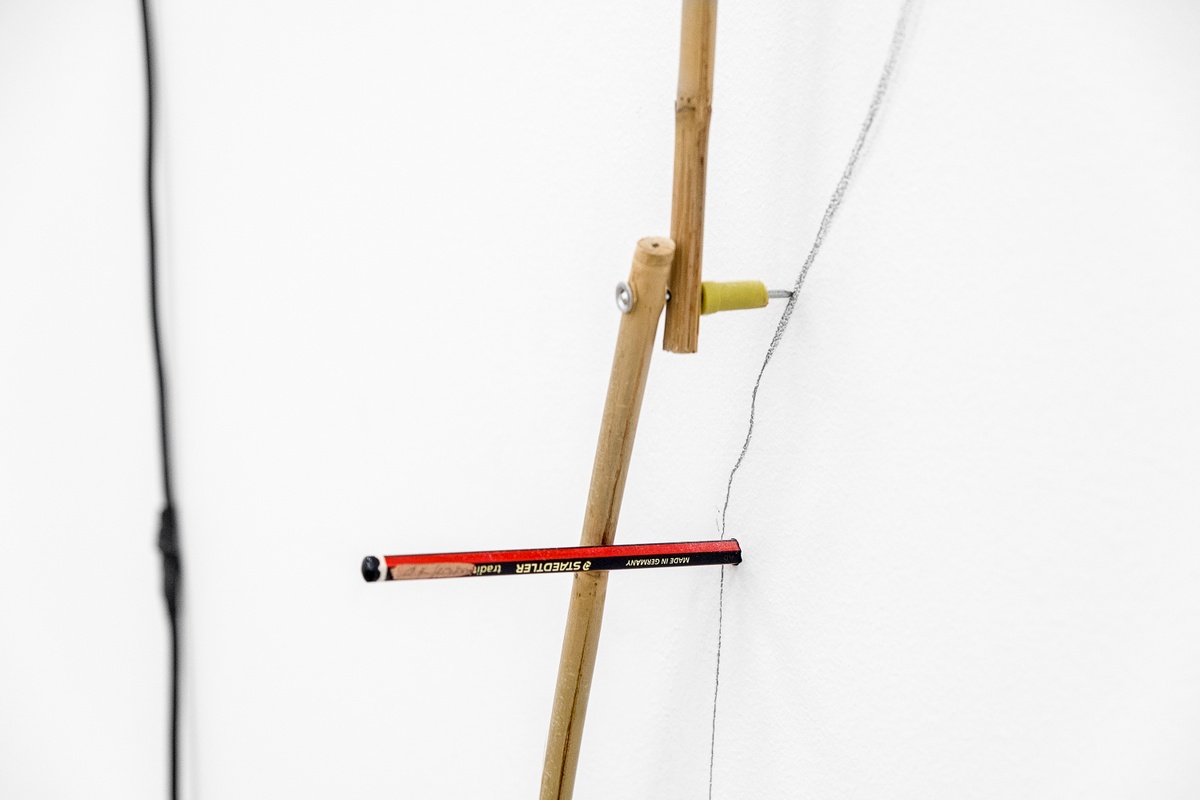 Artwork photograph from the ‘More For Less’ exhibition in A4’s Gallery that depicts Jared Ginsburg’s motorised bamboo sculpture ‘Motor with Bamboo’.
