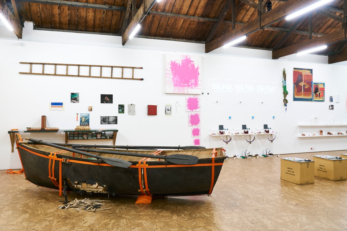 Installation photograph from ‘Archive as Terrarium: Part 3’ on A4’s top floor. On the left, Christian Nerf, Douglas Gimberg and barend de wet’s ‘Escape to Robben Island (Angasi Nkosi Angasi Nkosi)’ sits on the floor. On the right, Nerf’s ‘Play Play Play’ sits on the floor.
