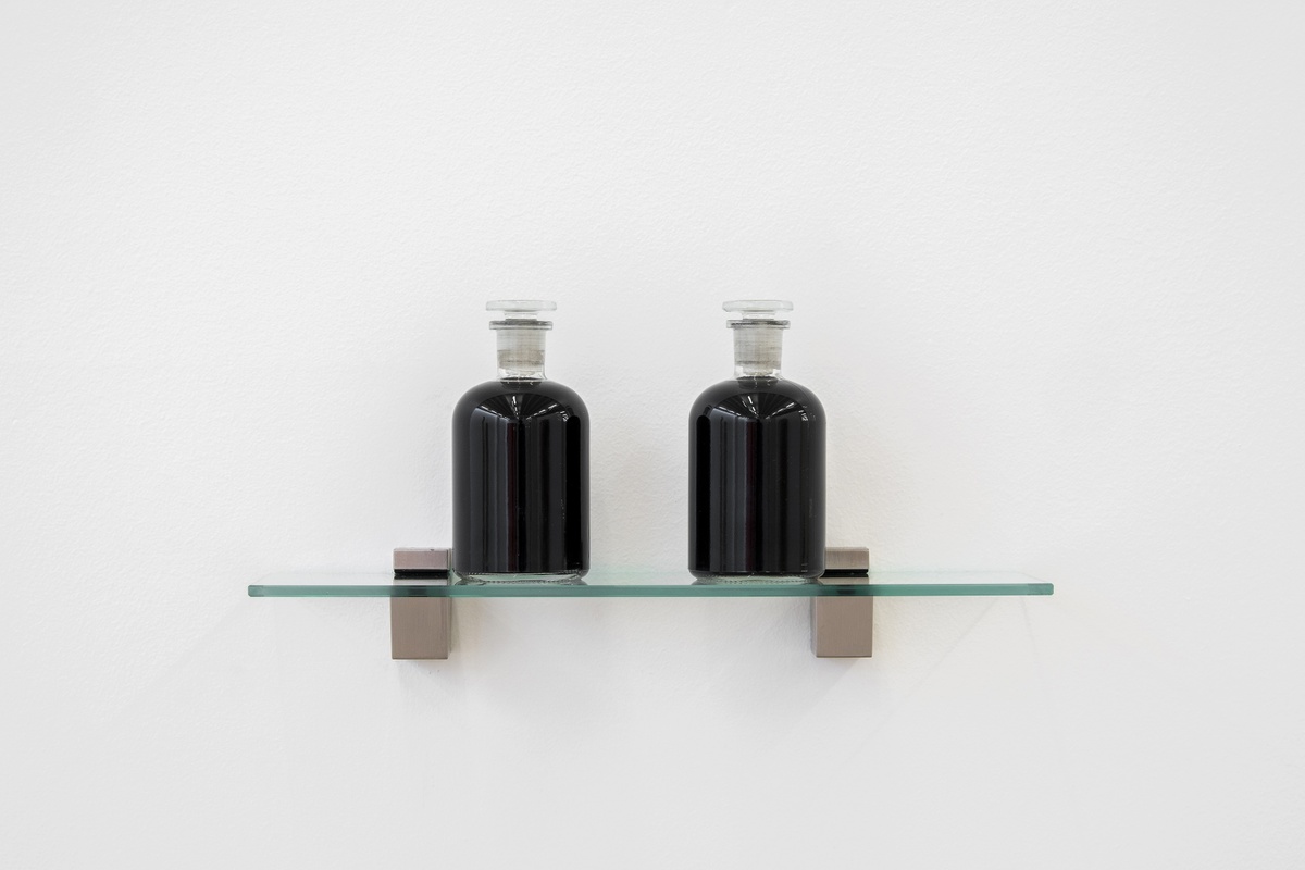 A photograph of James Webb's installation 'I do not live in this world alone, but in a thousand worlds (The Two Insomnias)', consisting of two glass vials with black liquid on a glass wall-mounted shelf.
