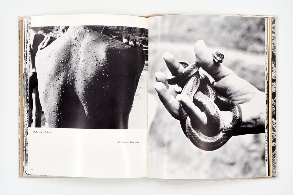 A topdown photograph of a 2-page spread from Walter Battiss' photo-book 'Limpopo' on a white background.
