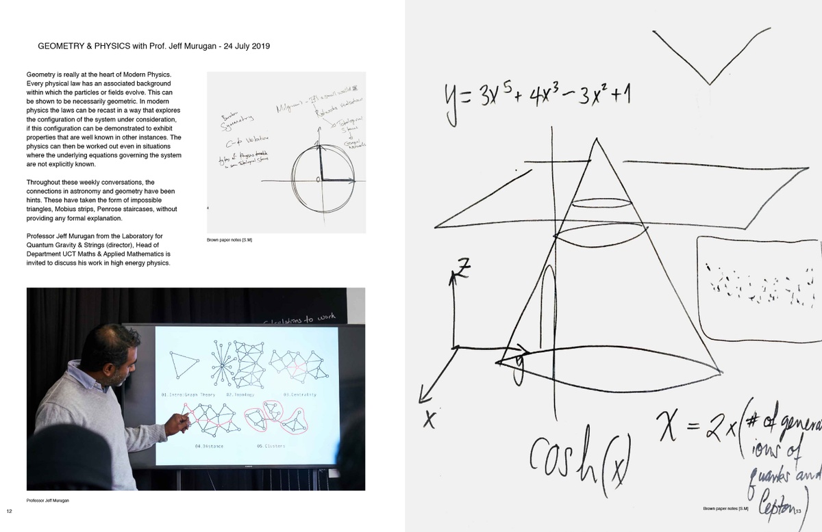 Digital image of ‘Urban Astronomy in Four Parts,’ a zine by Sukuma Mkhize from his residency at A4. On the left, notes from a conversation about geometry and physics with Prof. Jeff Murugan. On the right, a drawing that includes diagrams and formulae.
