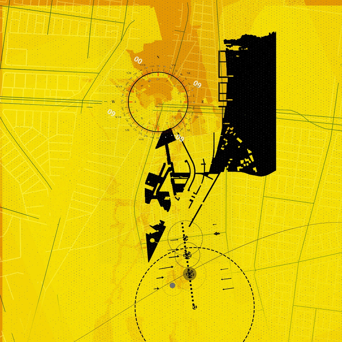 Process photograph from the 2018 rendition of the City Research Studio exchange with the African Centre for Cities. A graphical representation of a aerial map with compass directions indicated.
