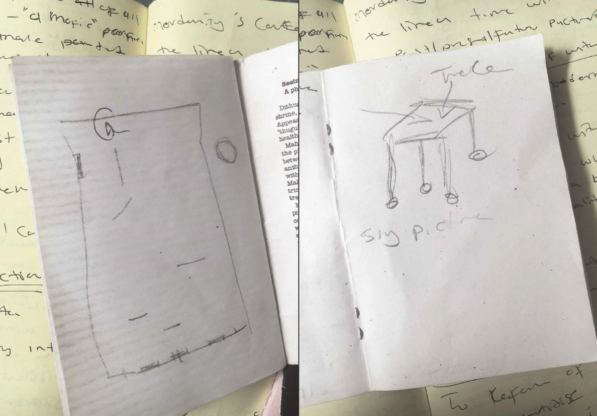 Digital image from francis burger’s publication for Tebogo George Mahashe’s ‘Camera Obscura #3’ exhibition on A4’s top floor that depicts a two page spread. On the left, a booklet with a hand drawn floor plan sits on top of handwritten notes. On the right, a booklet with a hand drawn image of a movable table sits on top of handwritten notes.
