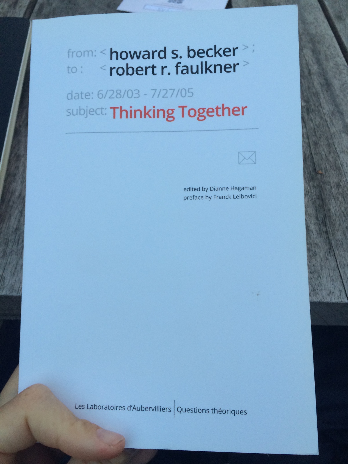 Process photograph from the offsite ‘Corner of the Eye / Le Coin de L’Œil’ exhibition at the Kadist Art Foundation, Paris that shows the cover of Howard S. Becker and Robert R. Faulkner’s book ‘Thinking Together’.
