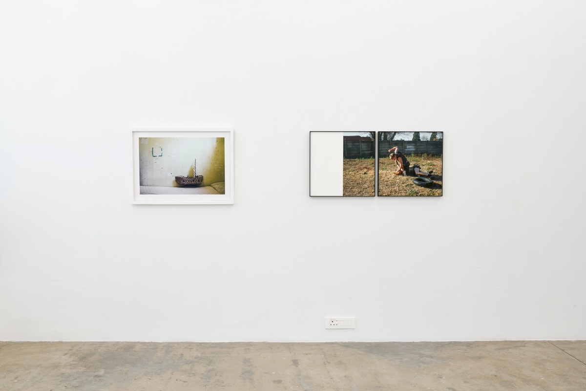 Event photograph from the roundtable discussion that accompanied the ‘Tell It to the Mountains’ exhibition in A4’s gallery. On the left, Mikhael Subotzky’s photograph ‘Boat, Pollsmoor Maximum Security Prison, 2004’ is mounted on the gallery wall. On the right, Lindokuhle Sobekwa’s photograph ‘Brothers fighting’ is mounted on the gallery wall.
