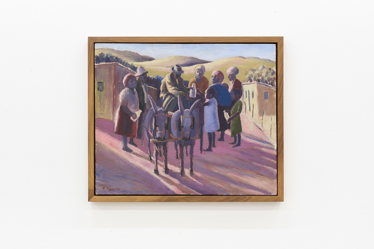 A photograph of Gerard Sokoto’s ‘The Milkman’, a framed oil painting, hung on a white wall. It depicts residents from the suburb of Eastwood buying milk from the titular milkman.
