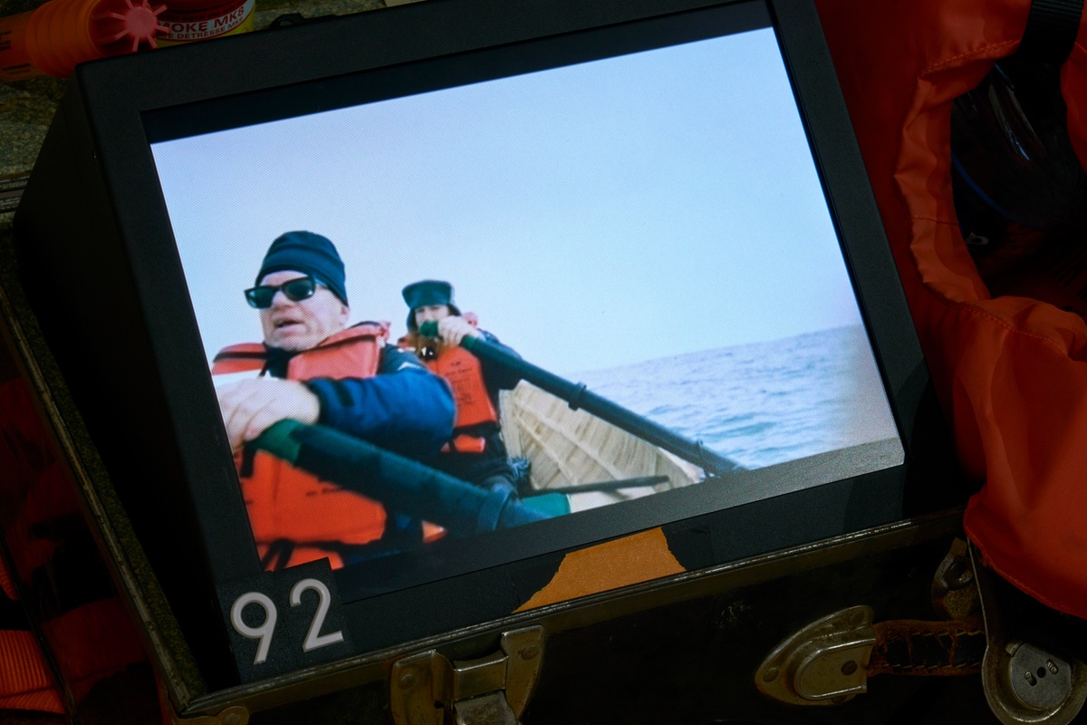 Installation photograph from ‘Archive as Terrarium: Part 3’ on A4’s top floor. A closeup-view of a video screen from Christian Nerf, Douglas Gimberg and barend de wet’s ‘Escape to Robben Island (evidence)’.
