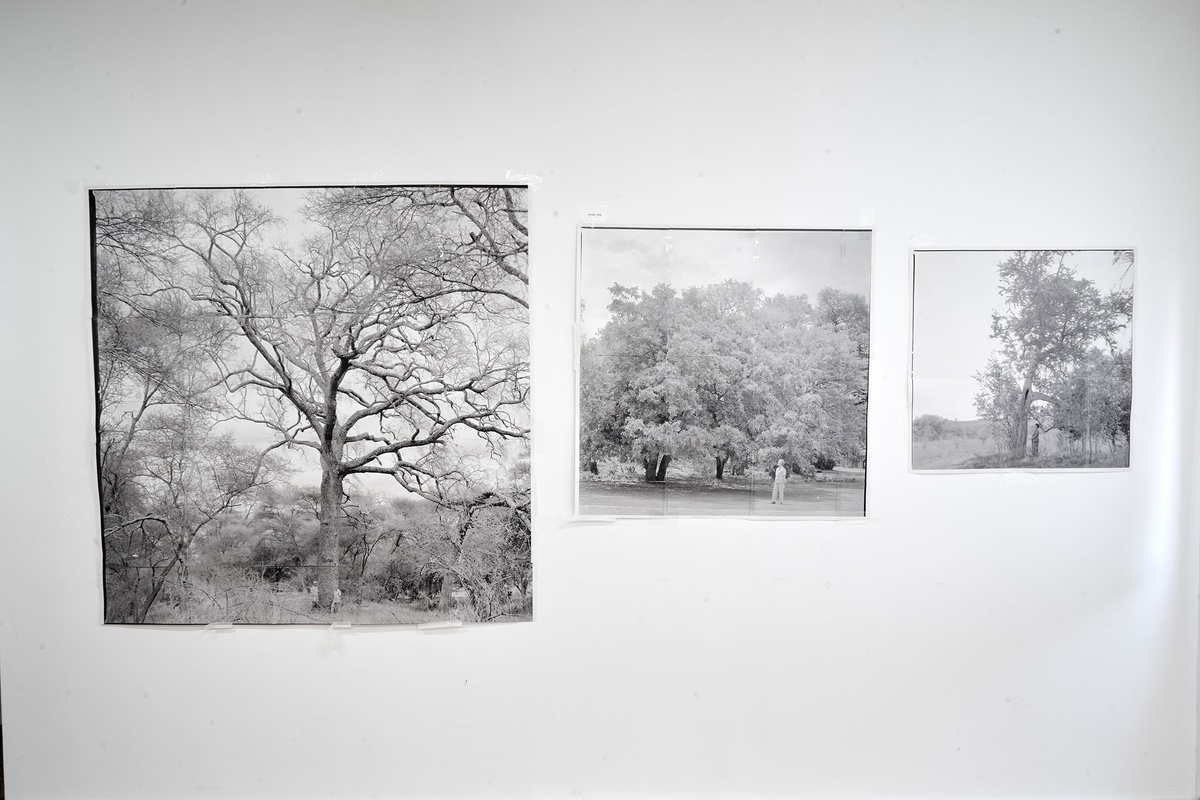 Installation photograph of Michael Tymbios’ studio during his residency in A4 Arts Foundation. Three monochrome photographic prints are mounted on a white wall.
