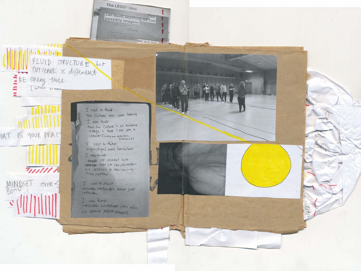 Process image from Anthea Moys’ residency on A4’s top floor. A scanned view of a 2 page spread from Moys’ notebook ‘FourdayswithA4’ shows a collage of texts, photographs and drawings.
