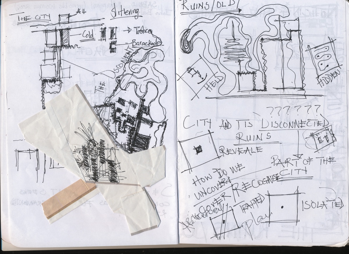 Process image from the 2018 rendition of the City Research Studio exchange with the African Centre for Cities that depicts a scanned 2 page spread from Goabamang Lethugile’s City Research Studio journal.
