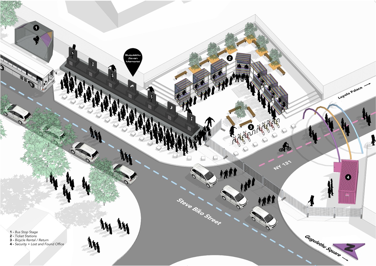 Digital artwork image from the Masters of Architecture Graduate Exhibition on A4’s top floor. A 3D model of a bus stop and ticket station from Christine Hadjieva’s “Sho’t Left” project that proposes a music festival in Gugulethu.
