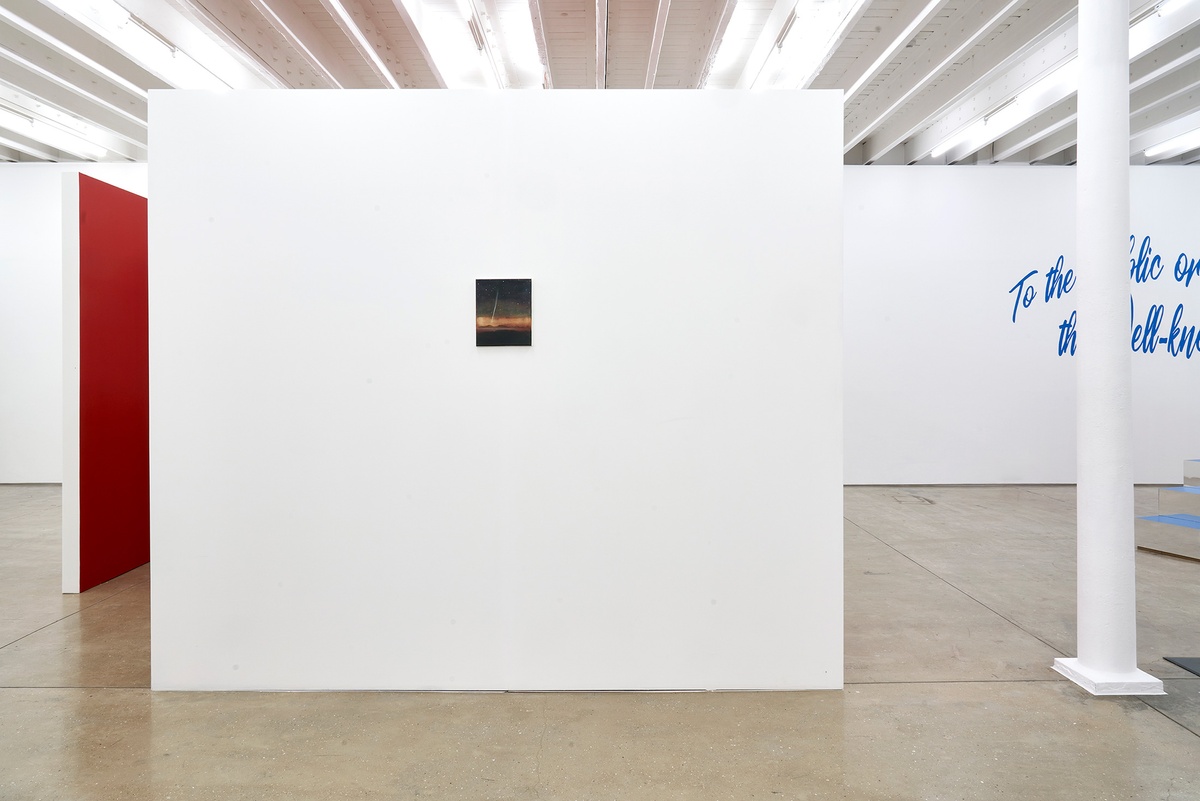 Installation photograph of the You to Me, Me to You exhibition. At the front, Dexter Dalwood’s oil painting ‘Francisco Fernando’ is mounted on a white freestanding wall. At the back, four of Iñaki Bonillas’ sound and score installations from ‘The Return to the Origin’ series are mounted on freestanding walls painted white on the outside and red on the inside.
