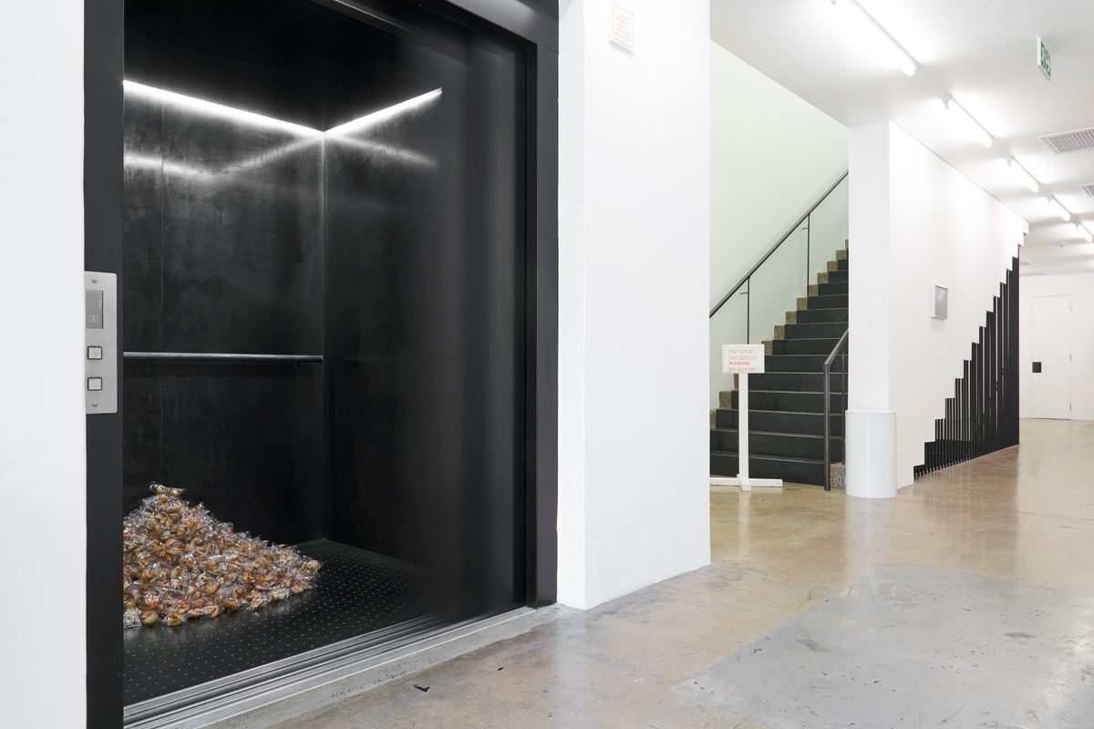 Installation photograph of Felix González-Torres' ‘Untitled (Fortune Cookie Corner)’ in A4’s elevator, with wrapped fortune cookies piled against the back of the interior.
