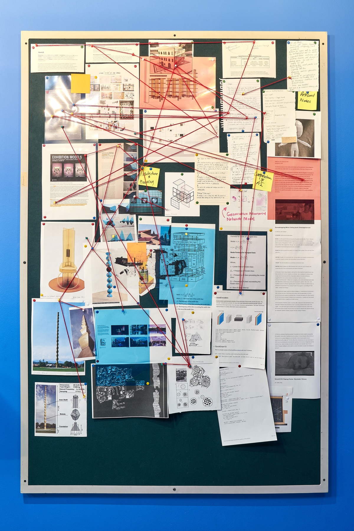 Installation photograph from the ‘mode(l)’ exhibition in A4’s Goods project space, that depicts a pin board with research material assembled by curator Nkhensani Mkhari.
