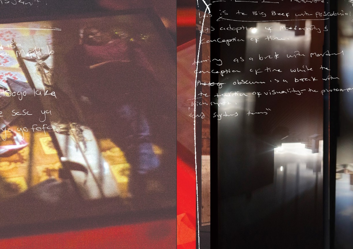 Digital image from francis burger’s publication for Tebogo George Mahashe’s ‘Camera Obscura #3’ exhibition on A4’s top floor that depicts a two page spread. At the back, photographs from the exhibition space show multiple refracted images on blank surfaces in A4’s interior produced by Mahashe’s pinhole cameras. At the front, handwritten text and drawings in white overlay the photographs.
