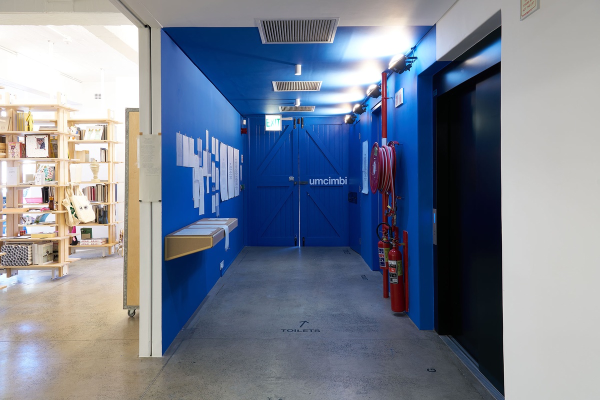 Installation photograph from the ‘Umcimbi’ exchange in A4’s Goods project space. On the left, printed poems line the wall and a wall-mounted cardboard shelf.
