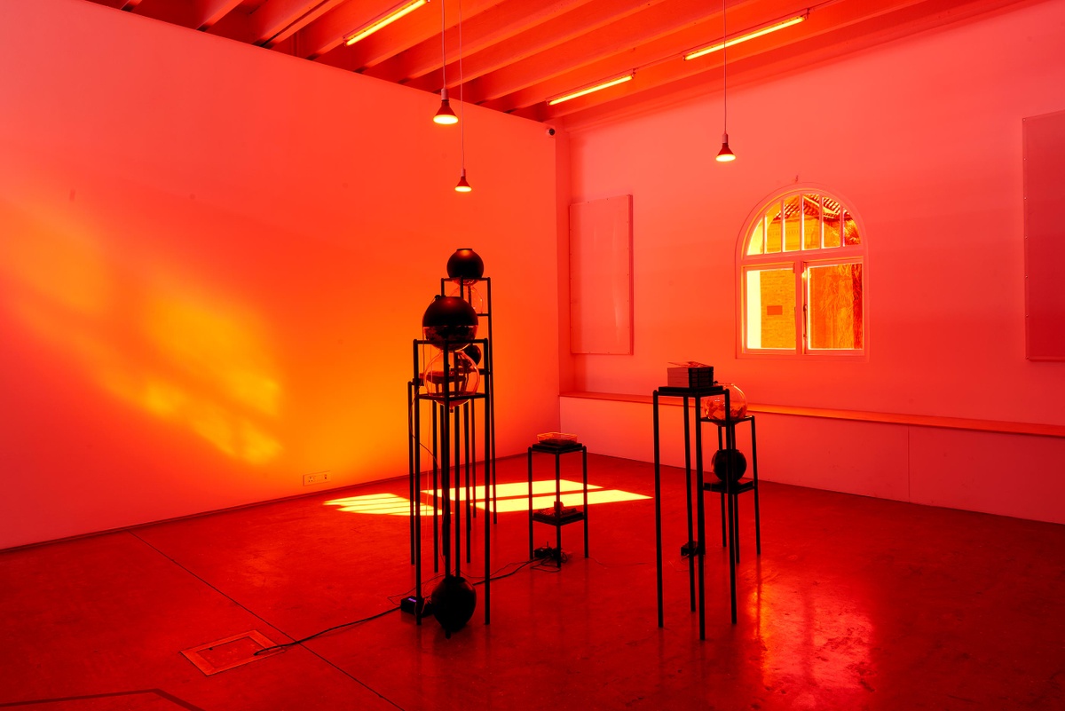 Installation photograph from the Customs exhibition in A4’s Gallery that shows glass globes and steel armatures from Nolan Oswald Dennis’ installation ‘garden for fanon’ sitting on the gallery floor, with the room lit in red.
