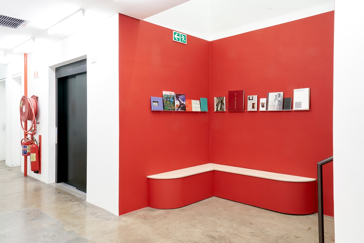 Installation photograph of the You to Me, Me to You exhibition that shows a corner of the gallery with the walls painted red. At the top, a selection of books are arranged on narrow perspex shelves. At the bottom, wooden benches are attached to the base of the wall.
