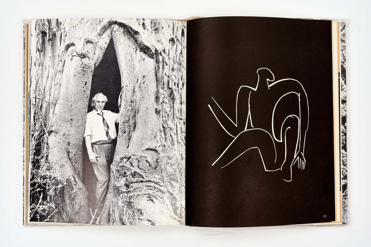 A topdown photograph of a 2-page spread from Walter Battiss' photo-book 'Limpopo' on a white background.
