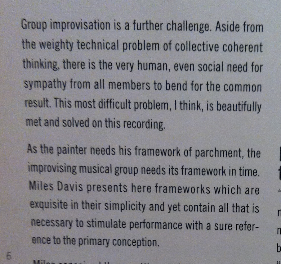 Process photograph from the offsite ‘Corner of the Eye / Le Coin de L’Œil’ exhibition at the Kadist Art Foundation, Paris that shows a printed text excerpt that ruminates on musical group improvisation with reference to Miles Davis.
