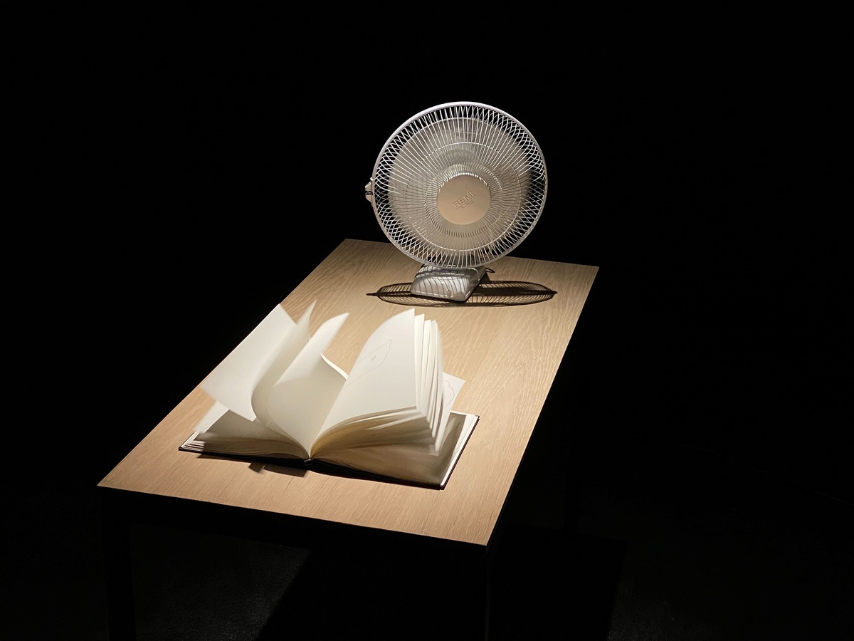 Installation photograph from the 'A Little After This' exhibition in A4 Arts Foundation's gallery that shows Shilpa Gupta's fan and artist book installation '100 Hand-drawn Maps of South Africa' in a darkened room.
