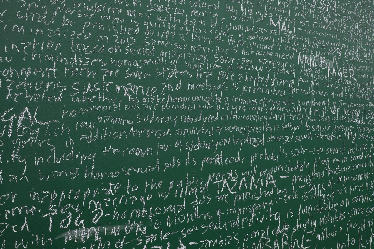 Photograph from the ‘You & I’ exhibition in A4’s Gallery that shows a closeup view of Brett Seiler and Luvuyo Eulano Nyawose’s performance installation ‘Reading Homophobia’, that depicts a green chalkboard with white chalk text.
