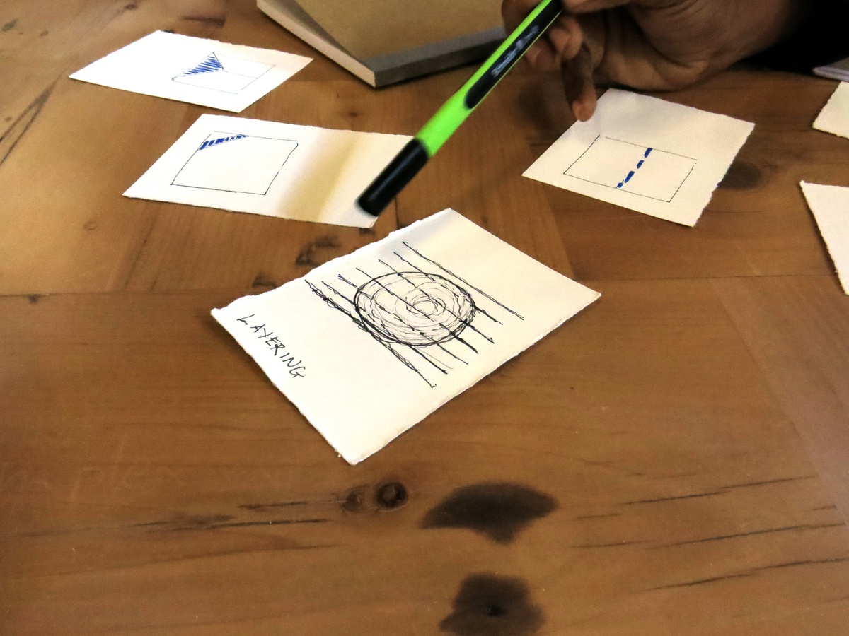Event photograph from the 2018 rendition of the City Research Studio exchange with the African Centre for Cities that shows felt pen drawings on a wooden table.

