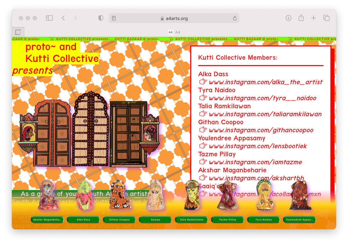 Website still from ‘The Kutti Bazaar,’ the Kutti Collective’s online pop-up in collaboration A4’s Proto~ museum shop, featuring the social media links of its members.
