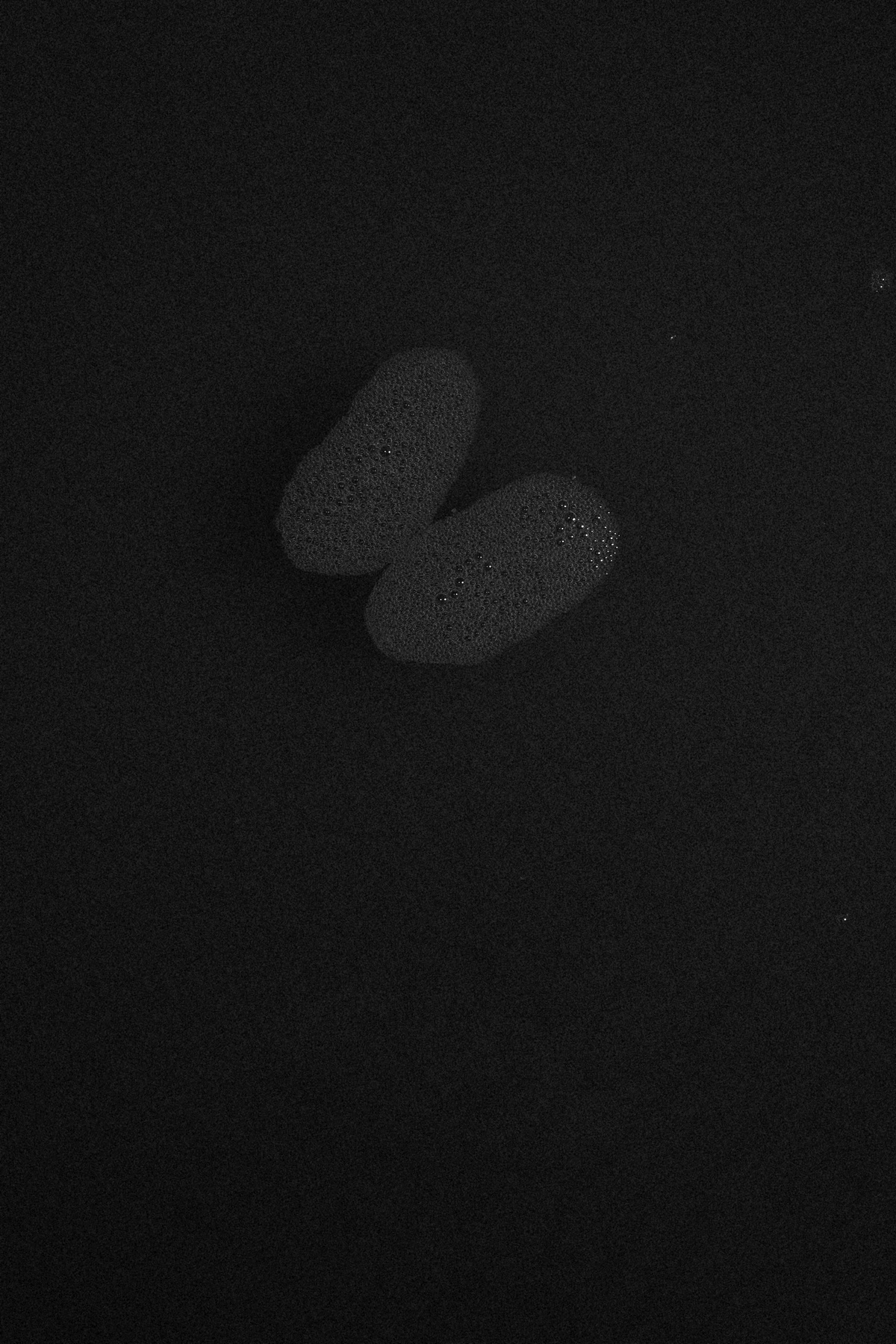 A monochrome photographic print from Thembinkosi Hlatshwayo’s series ‘wanders about’ that depicts liquid with bubbles on a black surface.
