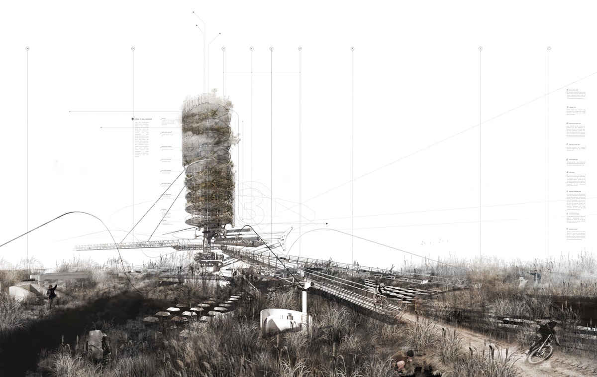 Digital artwork image from the Masters of Architecture Graduate Exhibition on A4’s top floor. A 3D model from Sean Mash’s ‘The Eco-Machine’ project that proposes a regenerative wetland machine.
