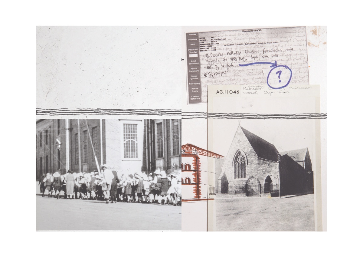 Detail from the ‘Have a Nice Day’ publication by Andrew Juries and Lauren Theunissen. The page features a collage of drawing fragments, as well as archival and everyday material from the District Six area in Cape Town.
