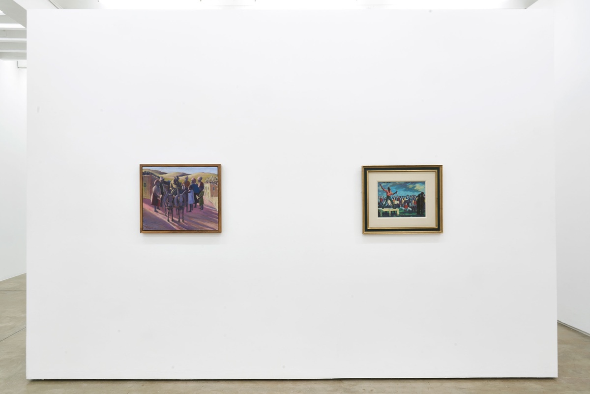 Installation photograph of the Common exhibition. Two framed oil paintings hung side-by-side on a white wall. On the left is Gerard Sekoto’s ‘The Milkman'. On the right is George Pemba’s ‘The Agitator'.
