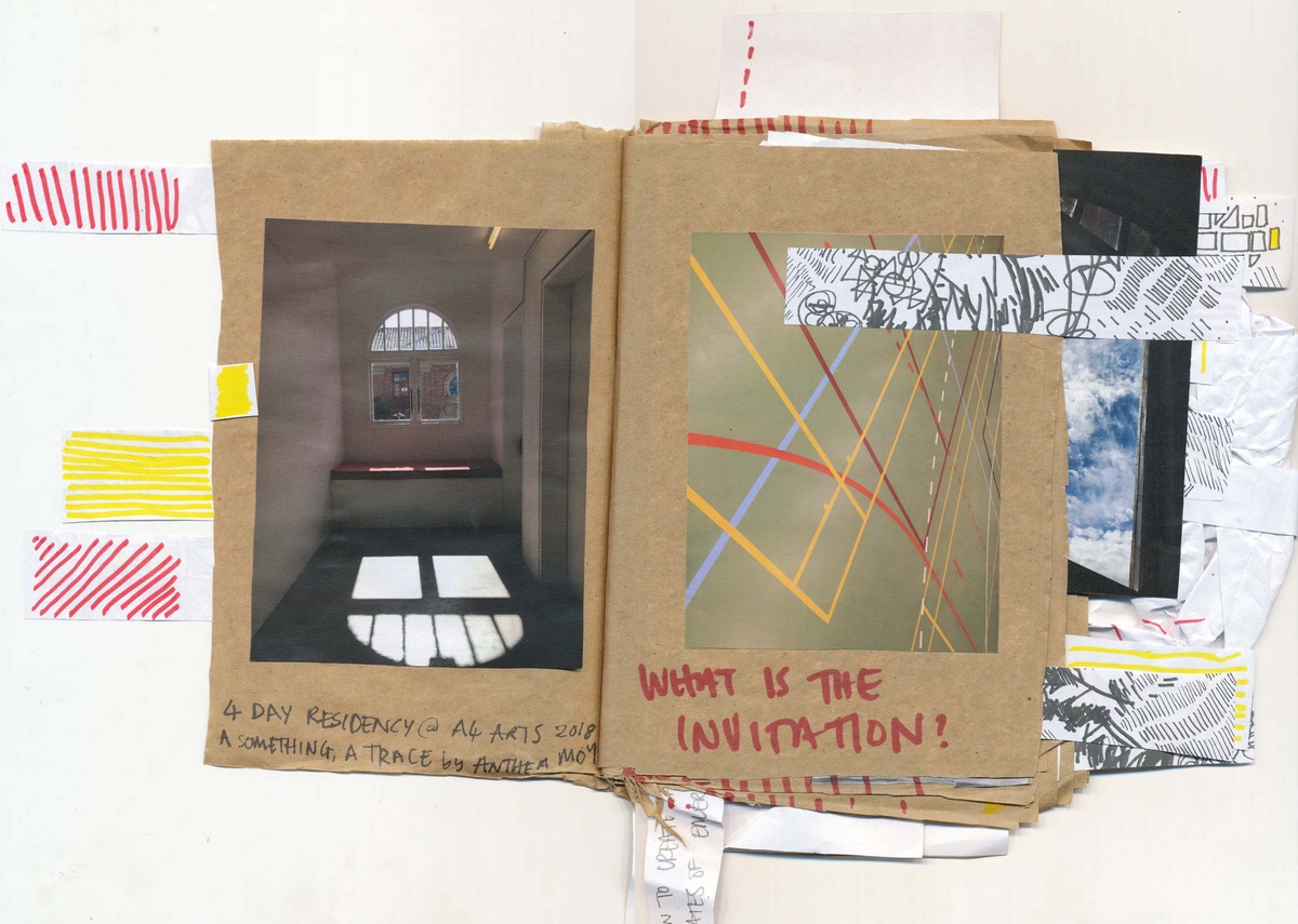 Process image from Anthea Moys’ residency on A4’s top floor. A scanned view of a 2 page spread from Moys’ notebook ‘FourdayswithA4’ shows a collage of texts, photographs and drawings.
