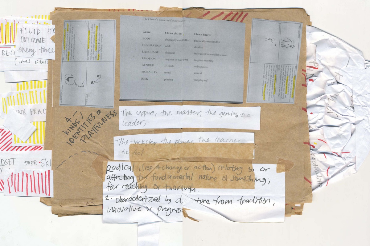 Process image from Anthea Moys’ residency on A4’s top floor. A scanned view of a 2 page spread from Moys’ notebook ‘FourdayswithA4’ shows a collage of texts and photocopies.
