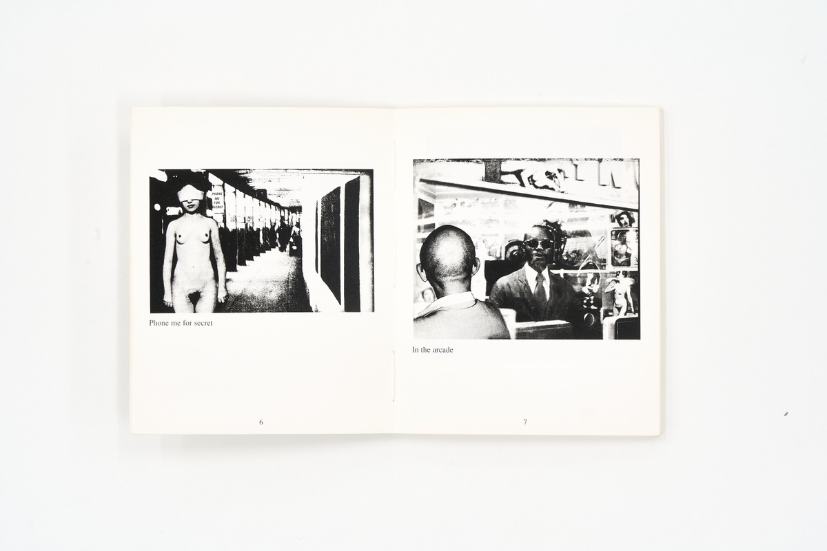 A topdown photograph of a 2-page spread from Jane Alexander's photo-book 'PHOTO-BOOK: Photomontages by Jane Alexander' on a white background.
