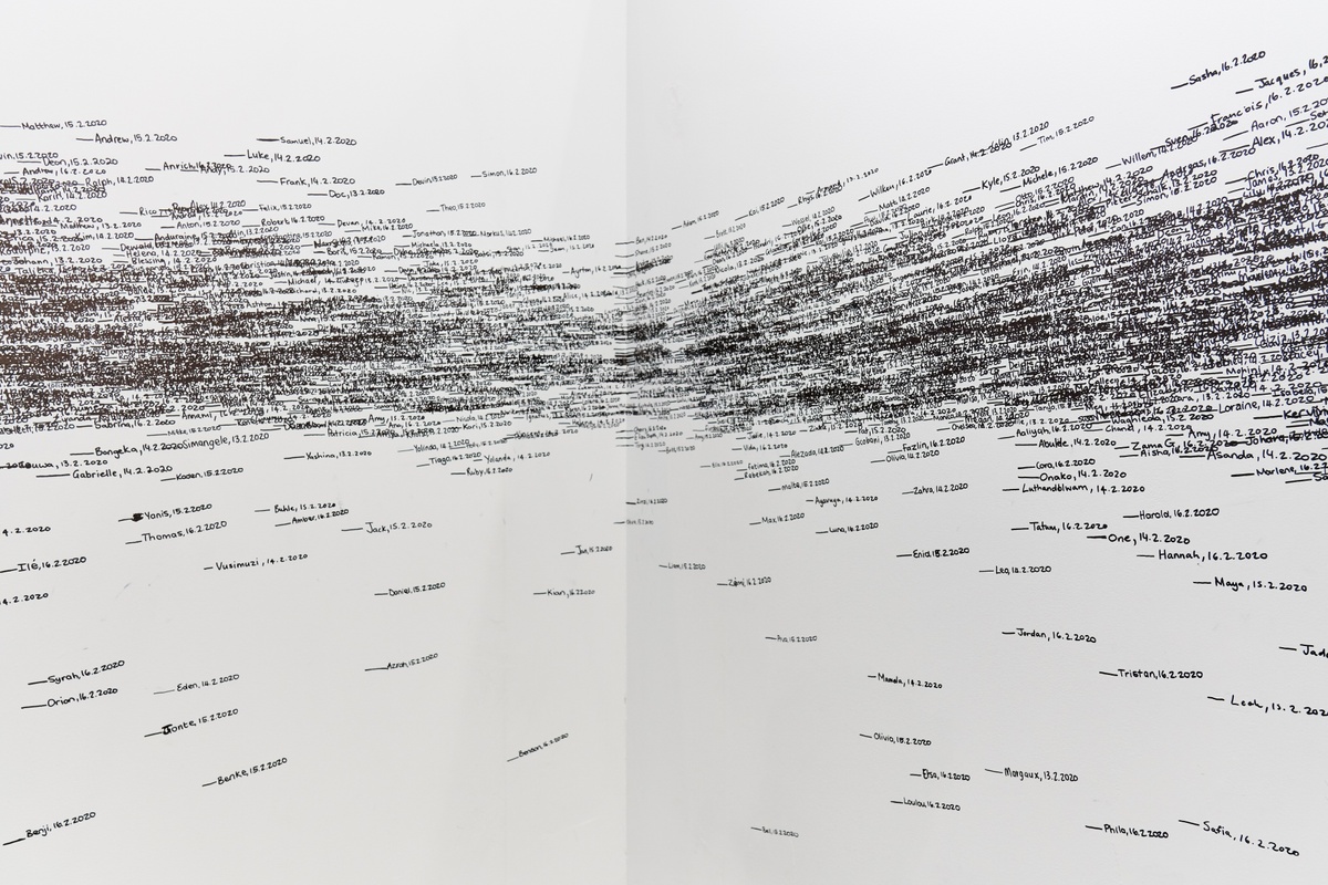 Event photograph of Roman Ondák’s performance piece ‘Measuring the Universe’ at A4’s booth at the 2020 Cape Town Art Fair. A white wall is covered with overlapping marks that indicate participant’s height, names and the date of their participation in black felt pen.
