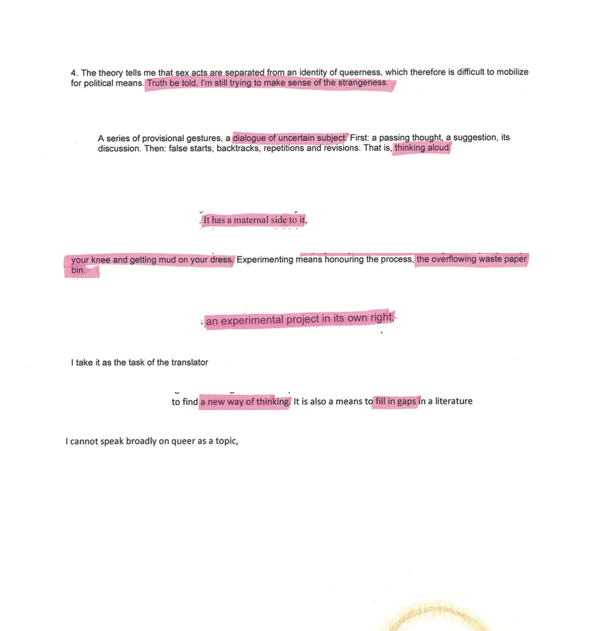 Page from the ‘Ikhonoclast’ zine produced in response to Sir Professor Zanele Muholi’s ‘Ikhono LaseNatali’ exhibition in A4’s Gallery. The page features snippets of sentences with parts highlighted in pink.

