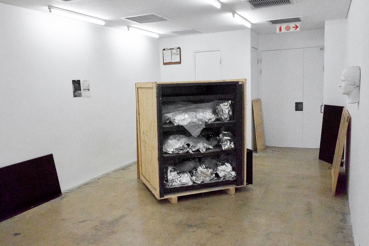 Installation photograph from the 2018 rendition of ‘Parallel Play’ in A4’s Gallery that shows various objects from Rodan Kane Hart’s ‘Western Death Mask(s)’ project. In the middle, a wooden crate filled with stainless steel objects sits on the gallery floor. On the right, a found bust is mounted on the gallery wall. On the left, a photographic print and photocopy is mounted on the gallery wall.
