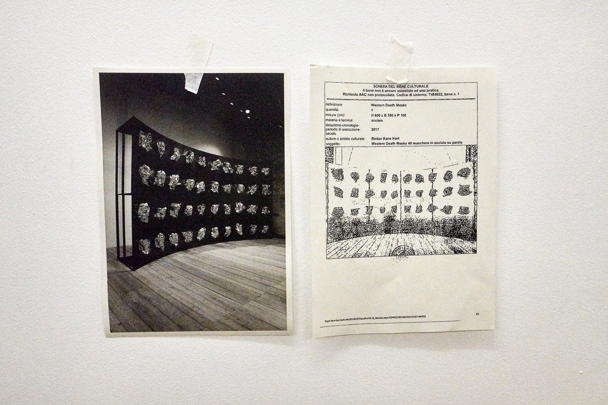 Installation photograph from the 2018 rendition of ‘Parallel Play’ in A4’s Gallery. A photographic print and photocopy from Rodan Kane Hart’s ‘Western Death Mask(s)’ project is mounted on the gallery wall.
