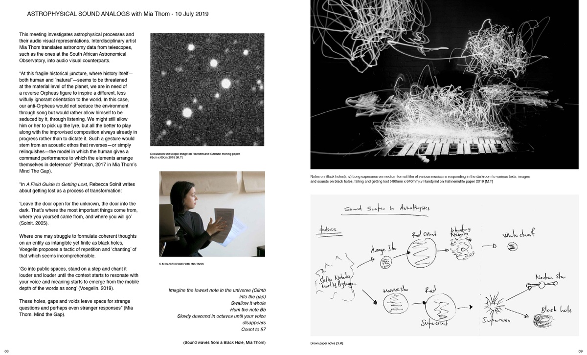 Digital image of ‘Urban Astronomy in Four Parts,’ a zine by Sukuma Mkhize from his residency at A4. On the left, notes from a conversation about astrophysical sound analogs with Mai Thom. On the right, a monochrome photograph of various musicians responding to text, images and sounds on black holes in the darkroom, and scanned notes by Mkhize below it.
