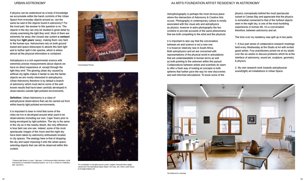 Digital image of ‘Urban Astronomy in Four Parts,’ a zine by Sukuma Mkhize from his residency at A4. On the left, notes on the concept of urban astronomy. On the right, notes on Mkhize’s residency at A4.
