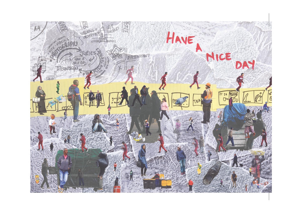 Detail from the ‘Have a Nice Day’ publication by Andrew Juries and Lauren Theunissen. The page features a collage of drawing fragments, as well as archival and everyday material from the District Six area in Cape Town.
