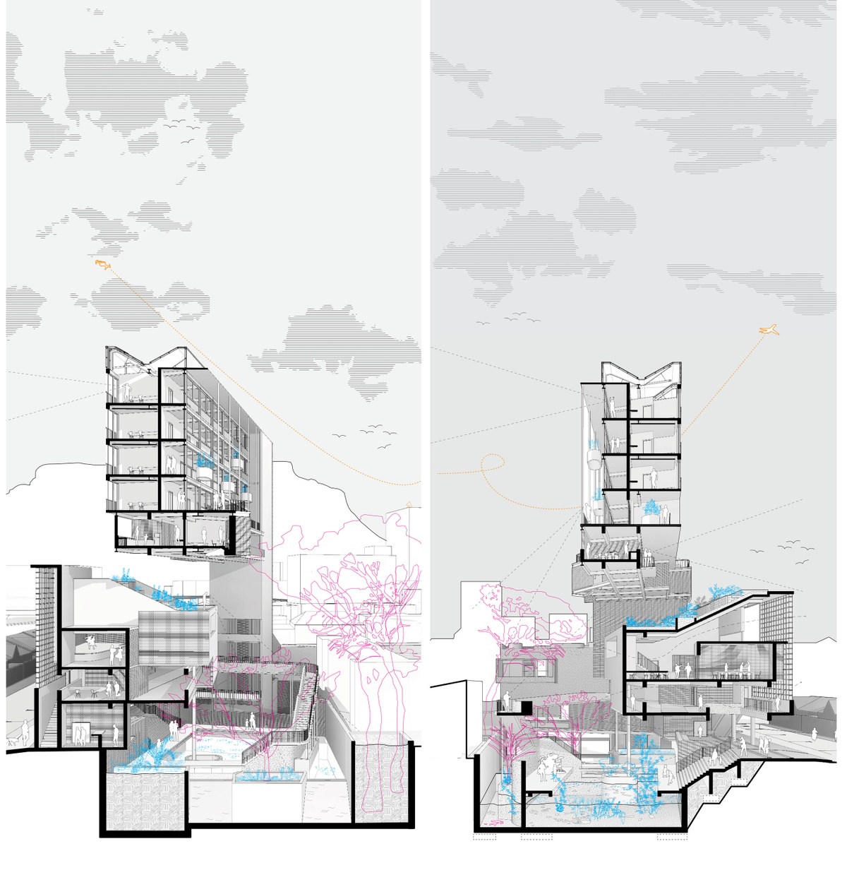 Digital artwork image from the Masters of Architecture Graduate Exhibition on A4’s top floor. A sectional drawing from Mayankh Ramasar’s ‘Terra Incognita’ project that re-envisions the urban high-rise as an urban greenspace.
