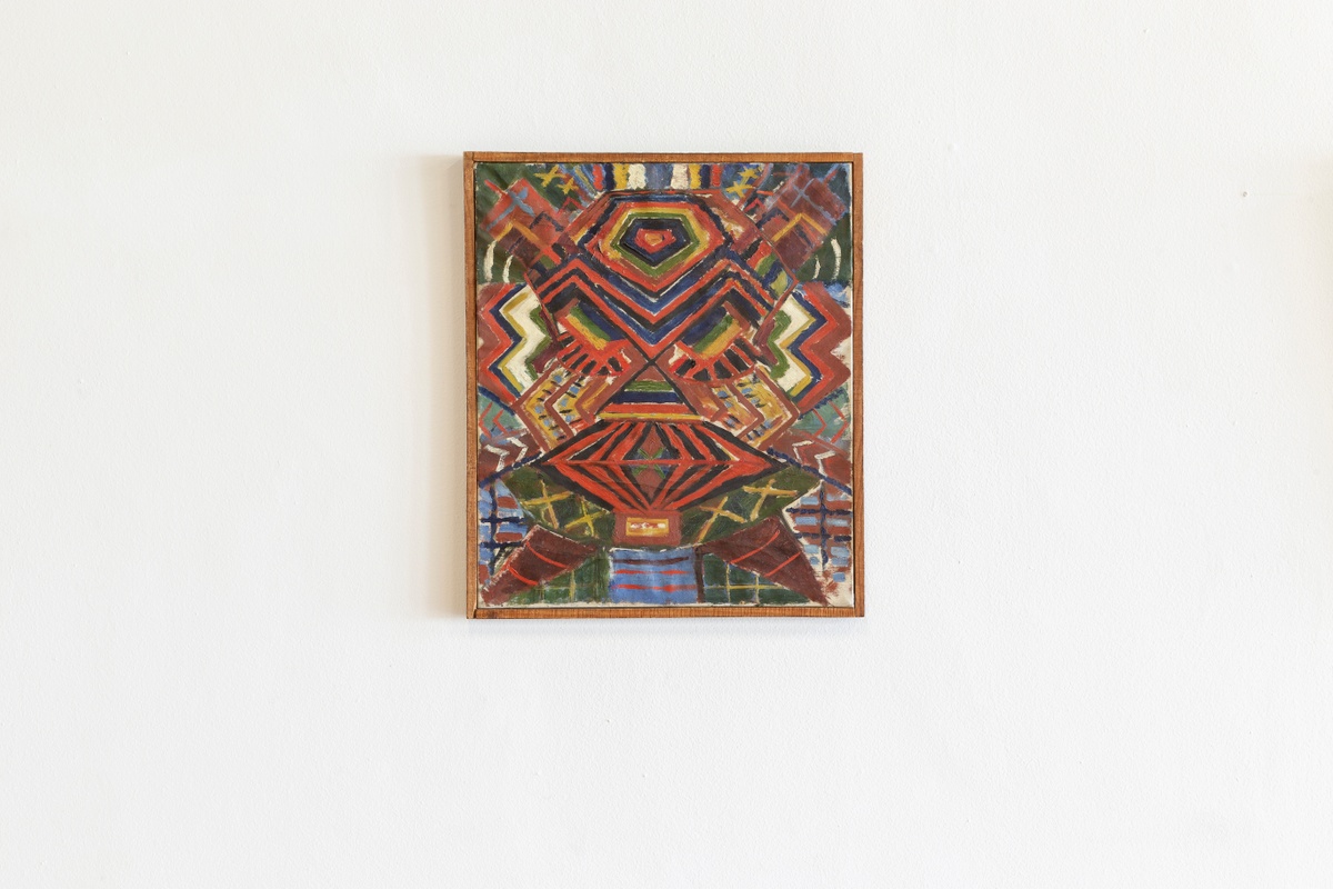 Photograph of Ernest Mancoba's oil on canvas work 'Composition'.
