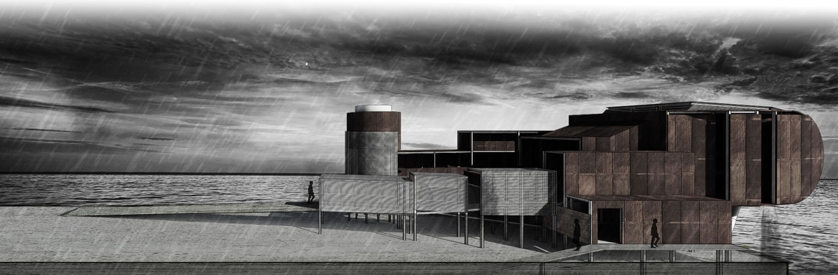 Digital artwork image from the Masters of Architecture Graduate Exhibition on A4’s top floor. A 3D model from Dane Minords’s ‘The Seacave and The Monster’ project that tries to engage the connective layers between land and ocean.
