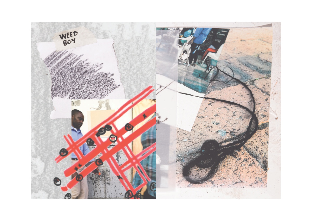 Detail from the ‘Have a Nice Day’ publication by Andrew Juries and Lauren Theunissen. The page features a collage of drawing fragments, as well as archival and everyday material from the District Six area in Cape Town.
